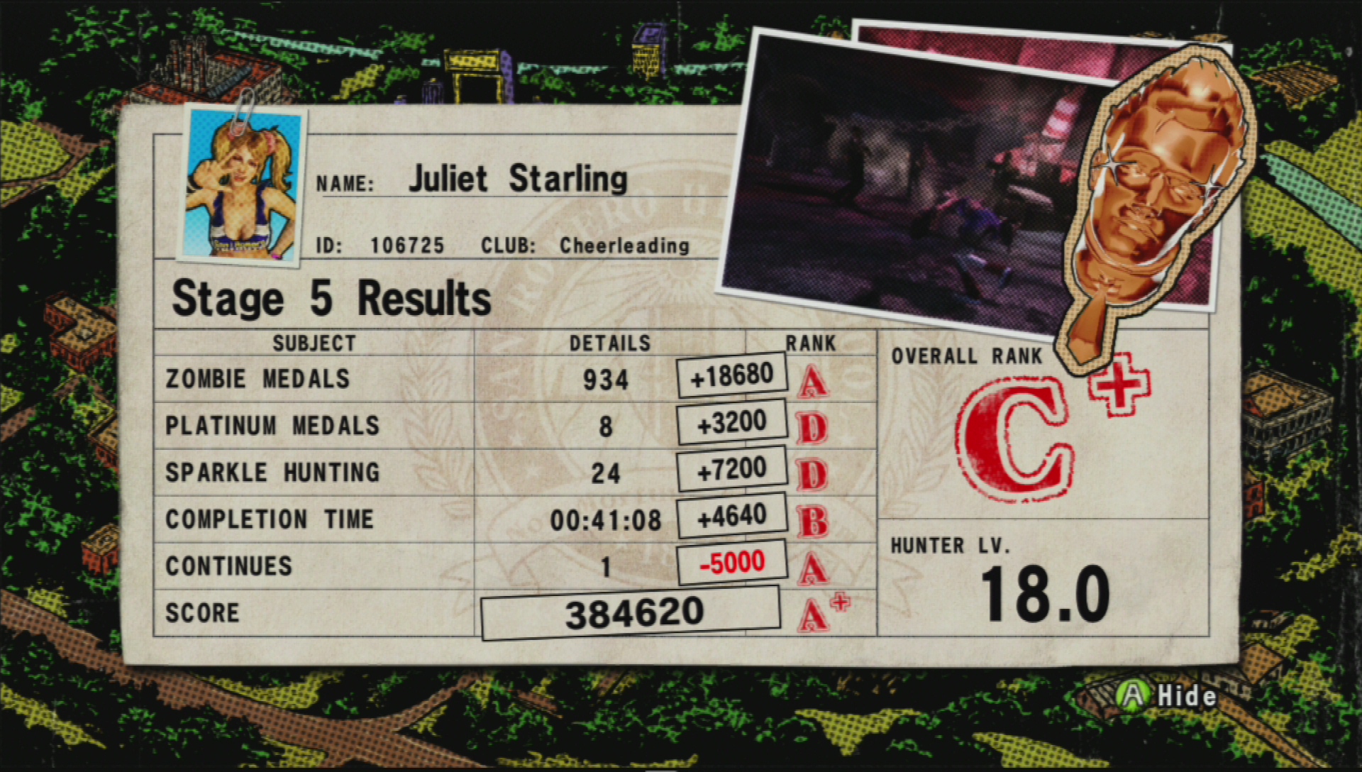 The end-level score screen in Lollipop Chainsaw