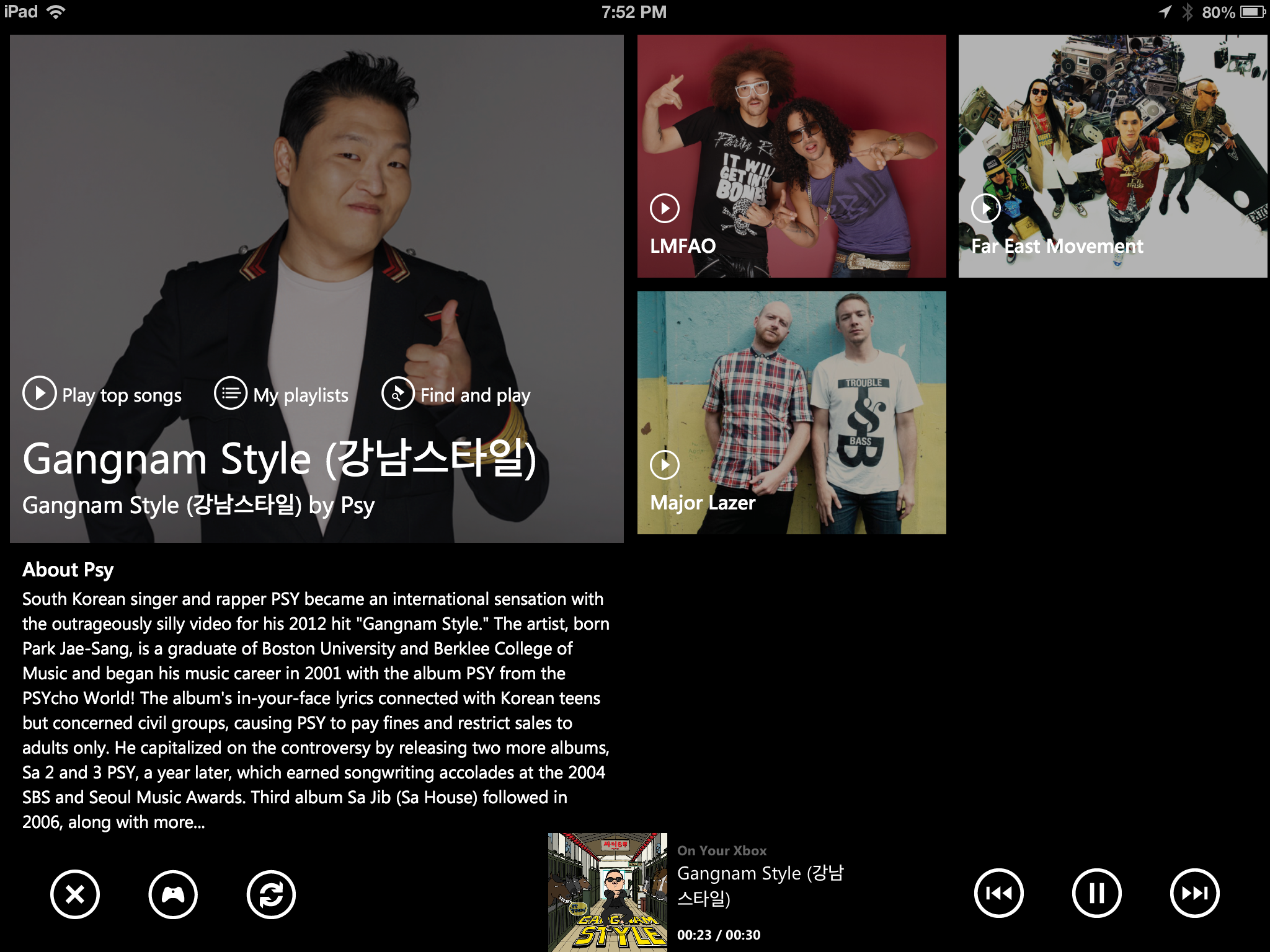 Second screen example using XBox Music