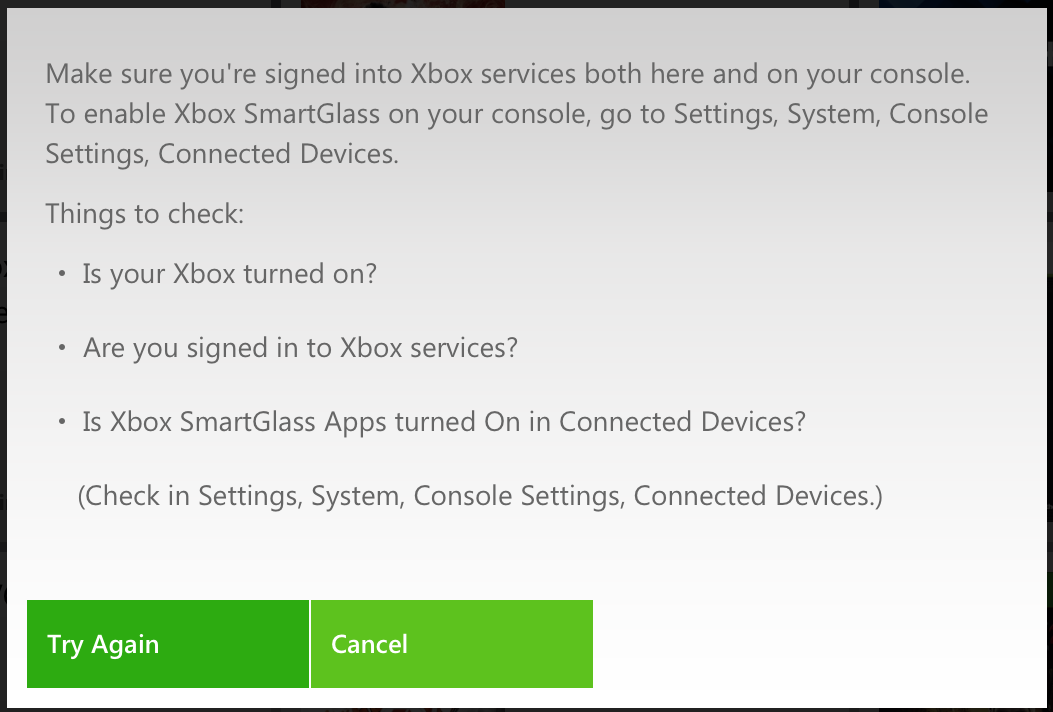 error message showing the XBox needs to be on
