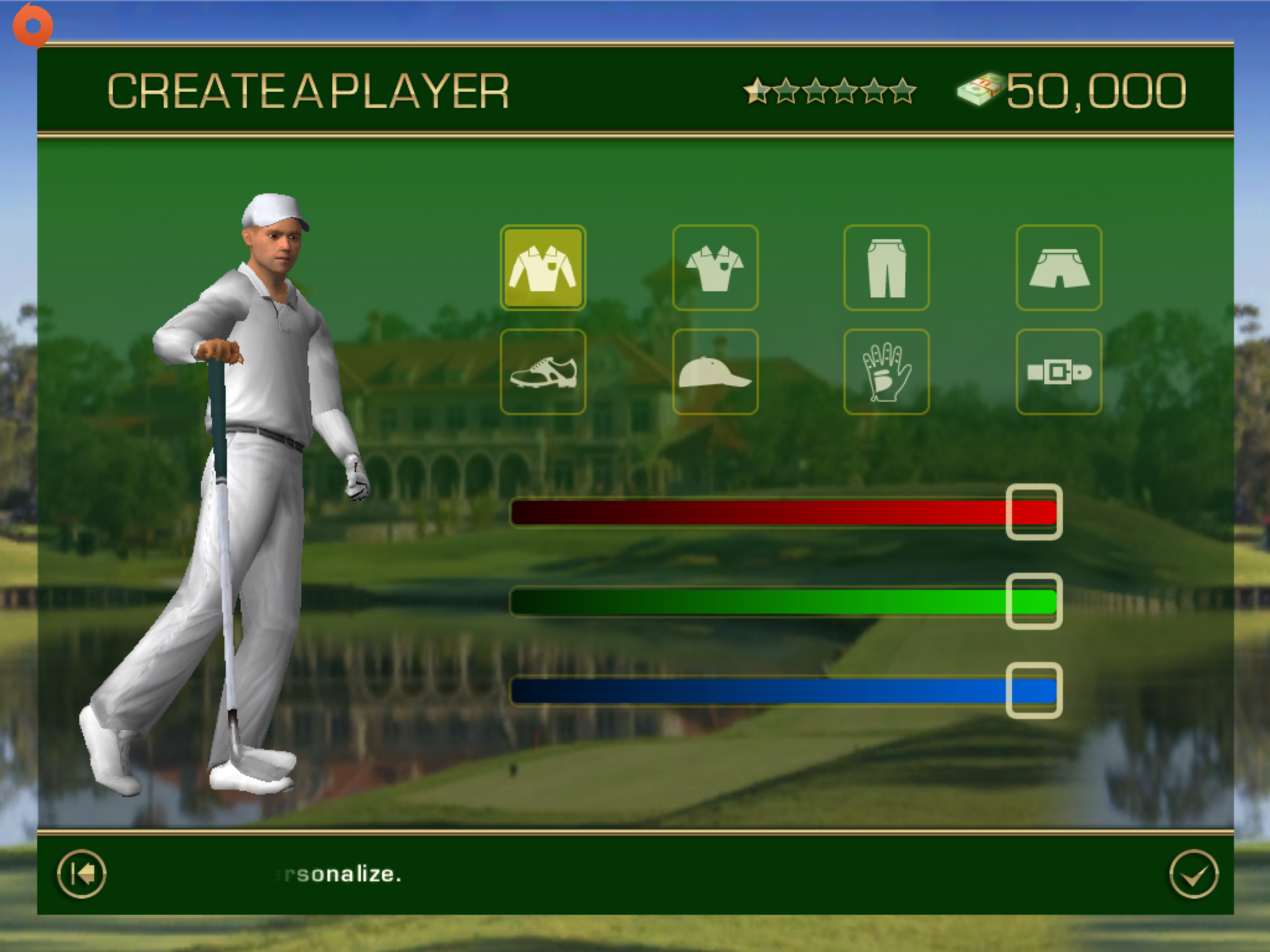 Customize clothing screen in Tiger Woods PGA Tour 12 for iOS