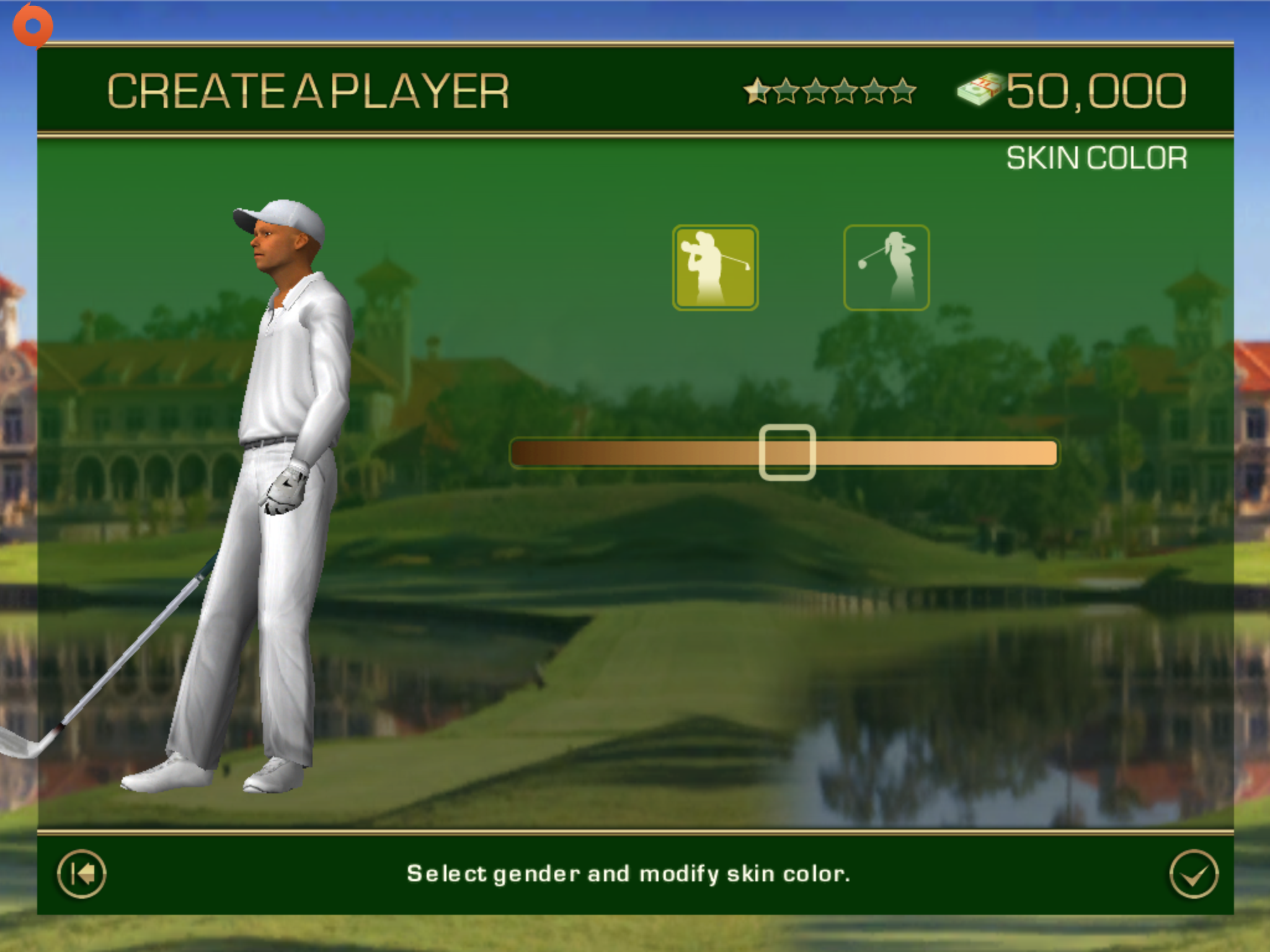 Gender and skin screen in Tiger Woods PGA Tour 12 for iOS