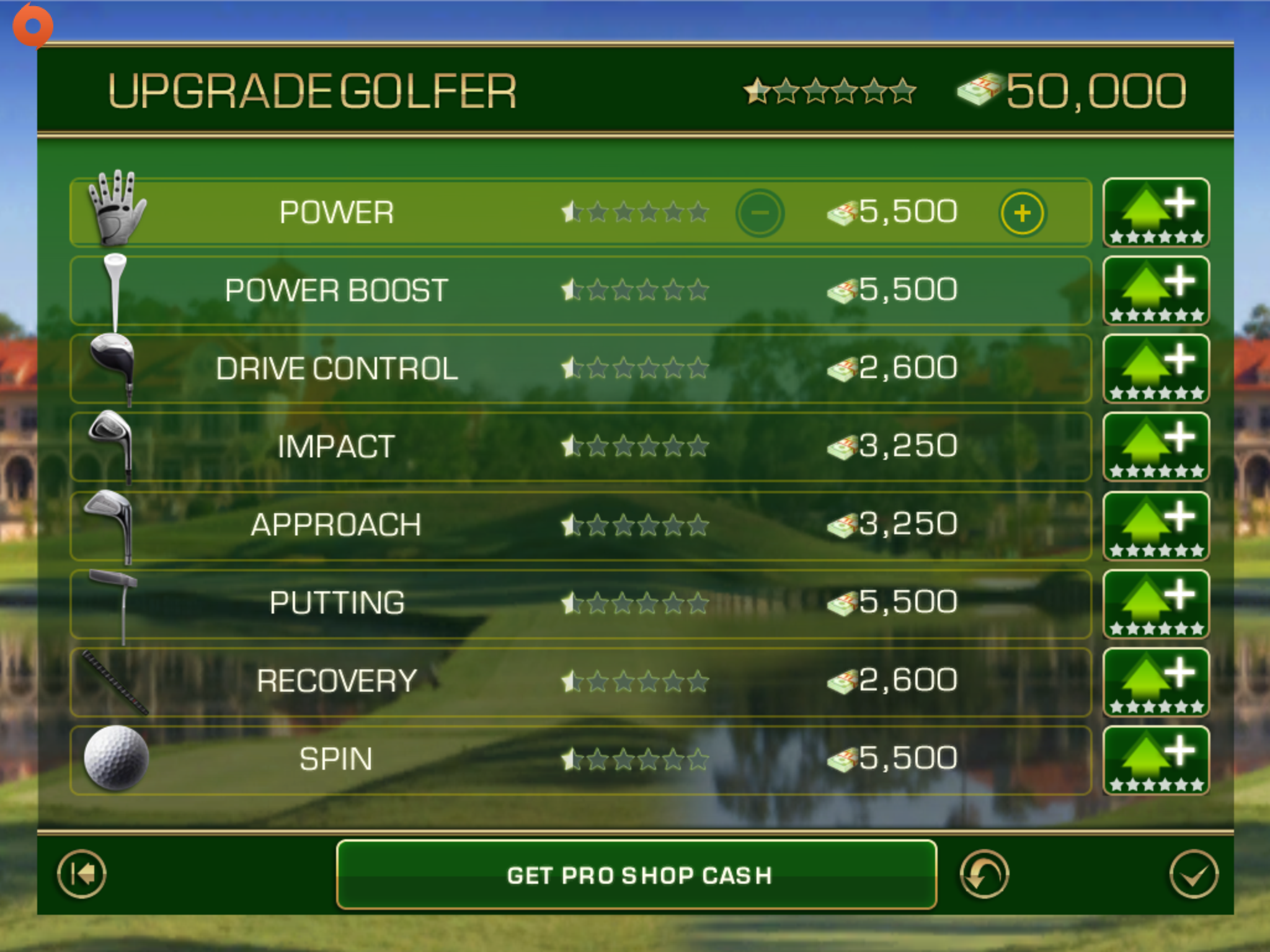 Skills screen in Tiger Woods PGA Tour 12 for iOS