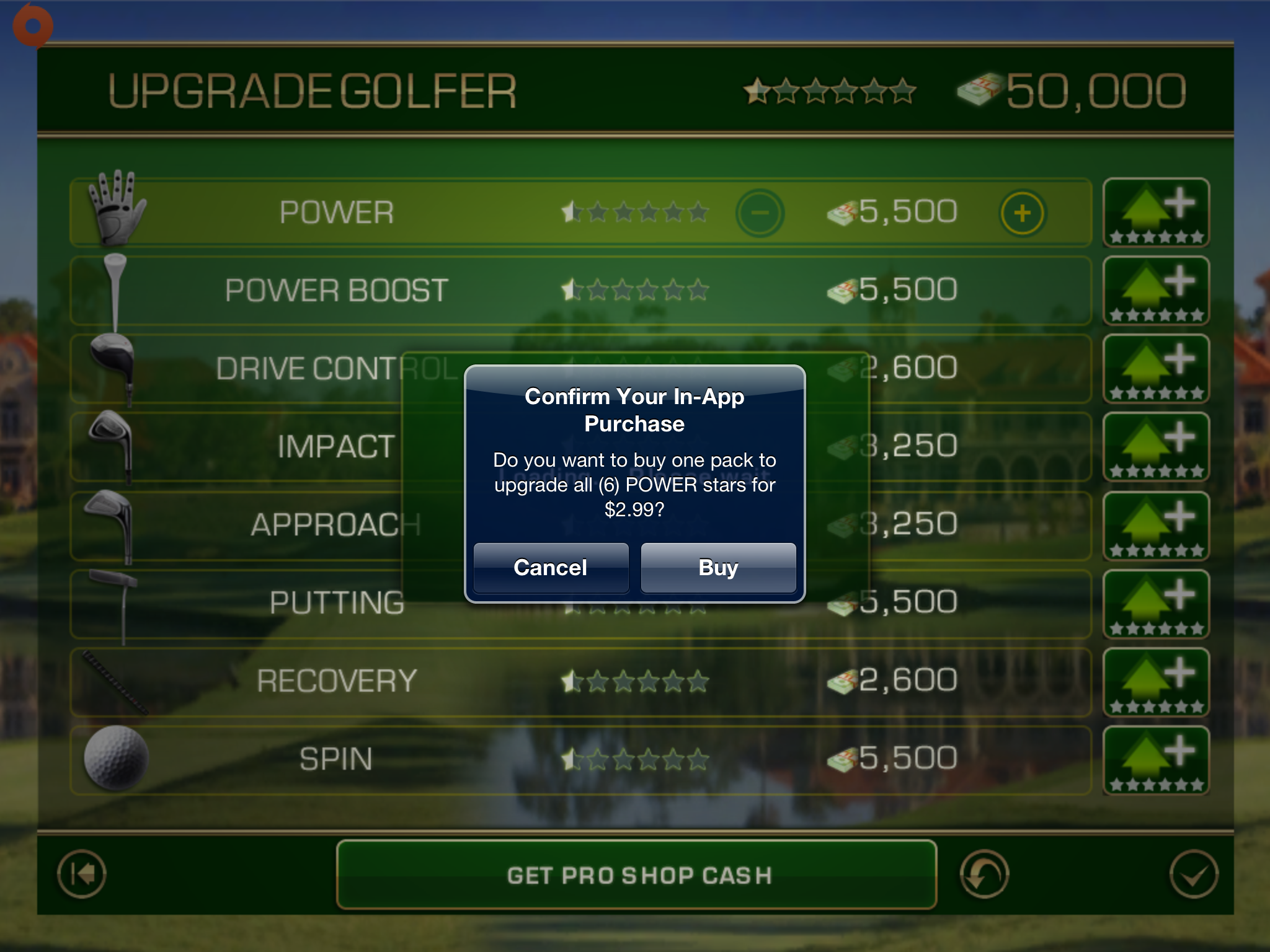 In-app purchase warning screen in Tiger Woods PGA Tour 12 for iOS