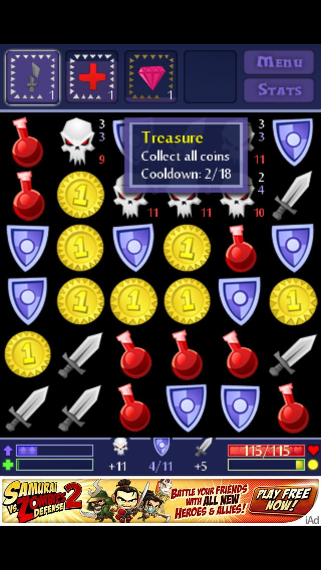 A screenshot of Dungeon Raid with the Treasure hover text open