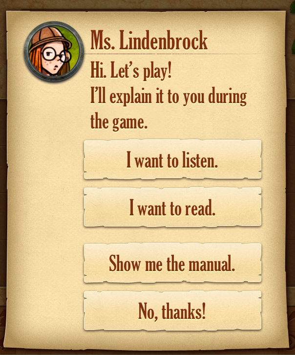 Tutorial screen in Lost Cities with buttons for "I want to listen" and "I want to read"