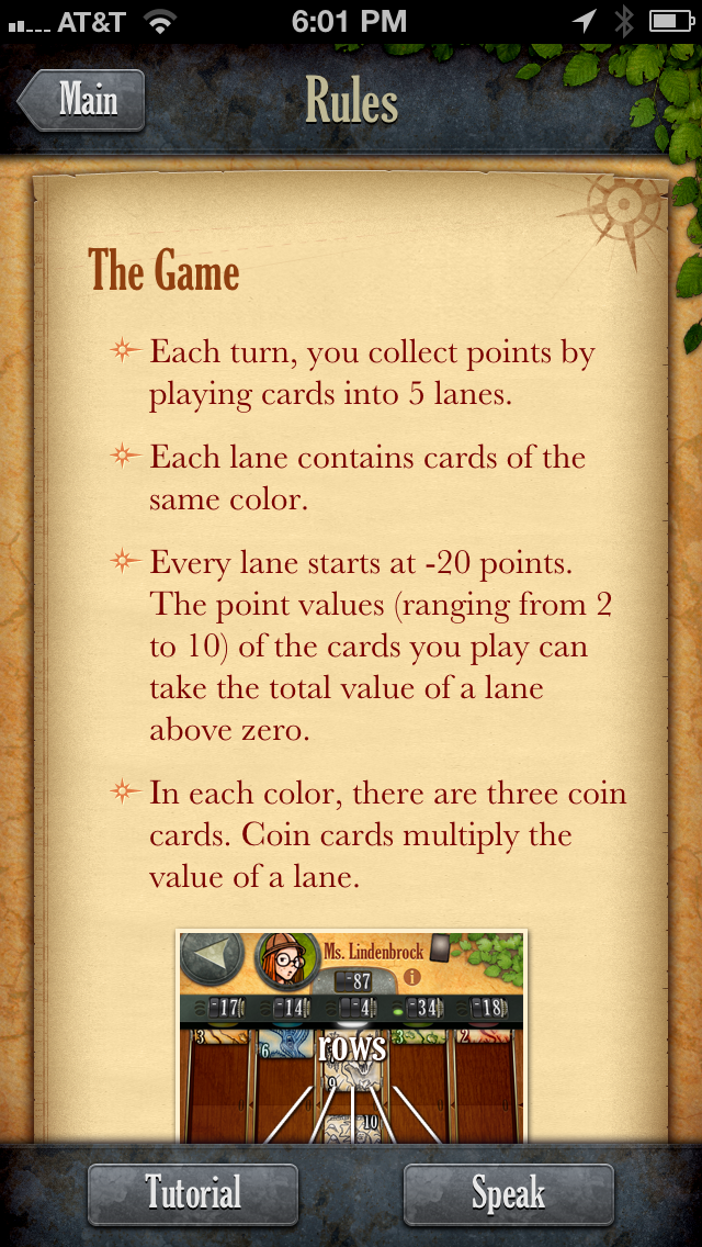 Rules page for Lost Cities with a Speak button at the bottom