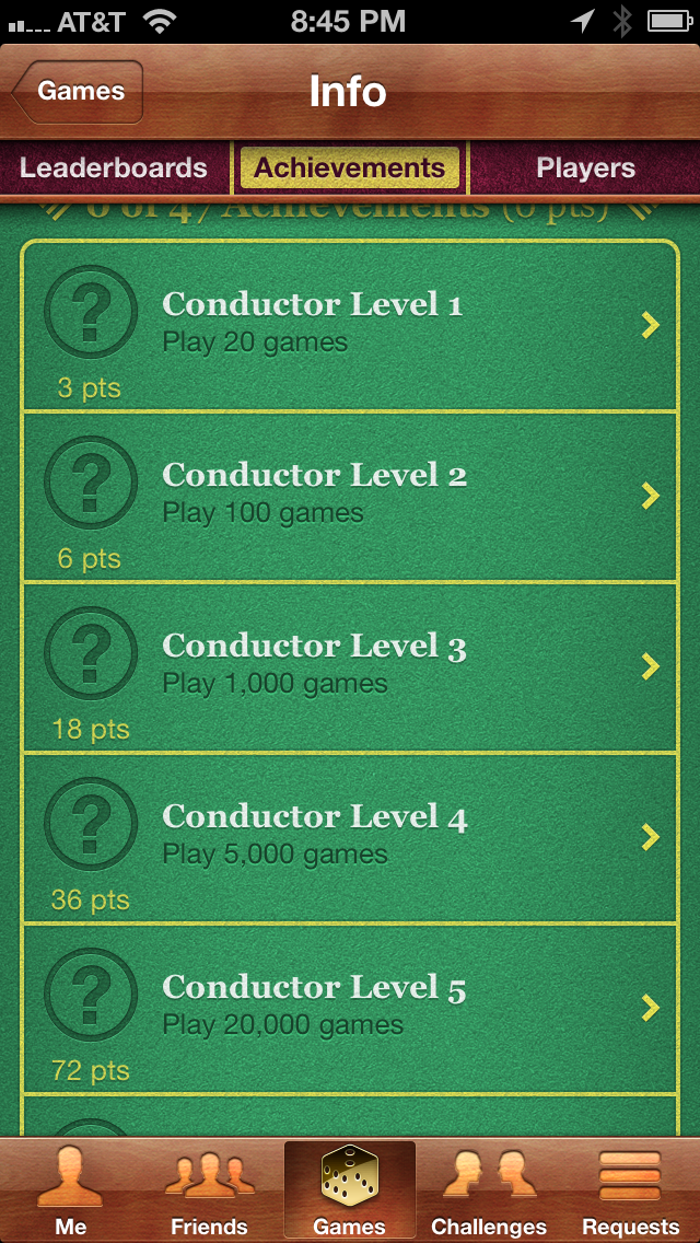 The achievement screen in Ticket to Ride