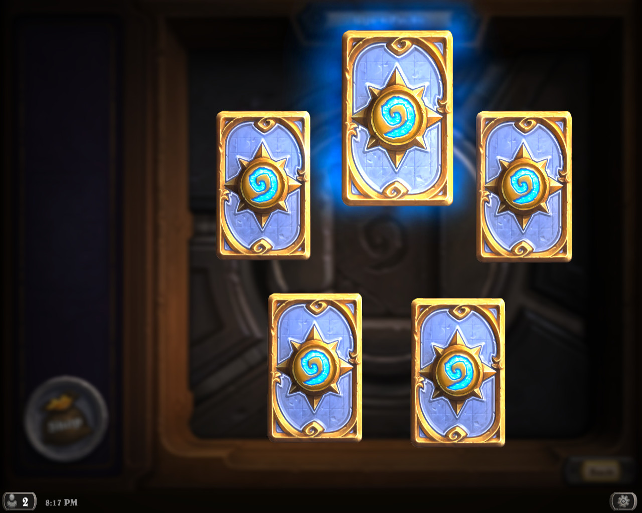 Five face-down Hearthstone cards, with a rare being hovered over