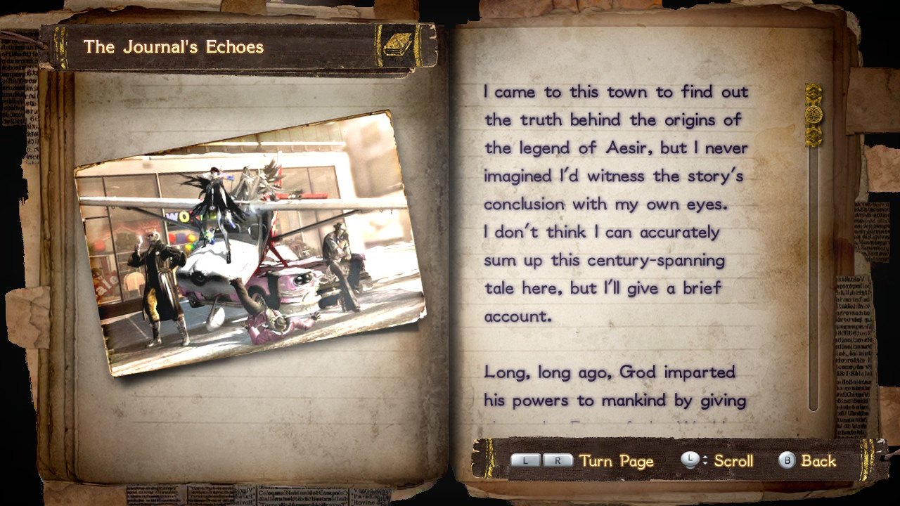 Partial journal entry in Bayonetta 2 displaying a summary of the game's plot