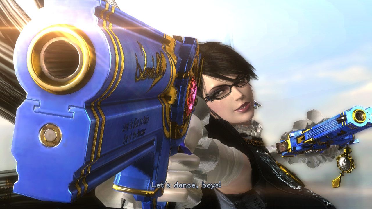 Bayonetta pointing a large gun very close to the camera with the caption "Let's Dance, Boys"