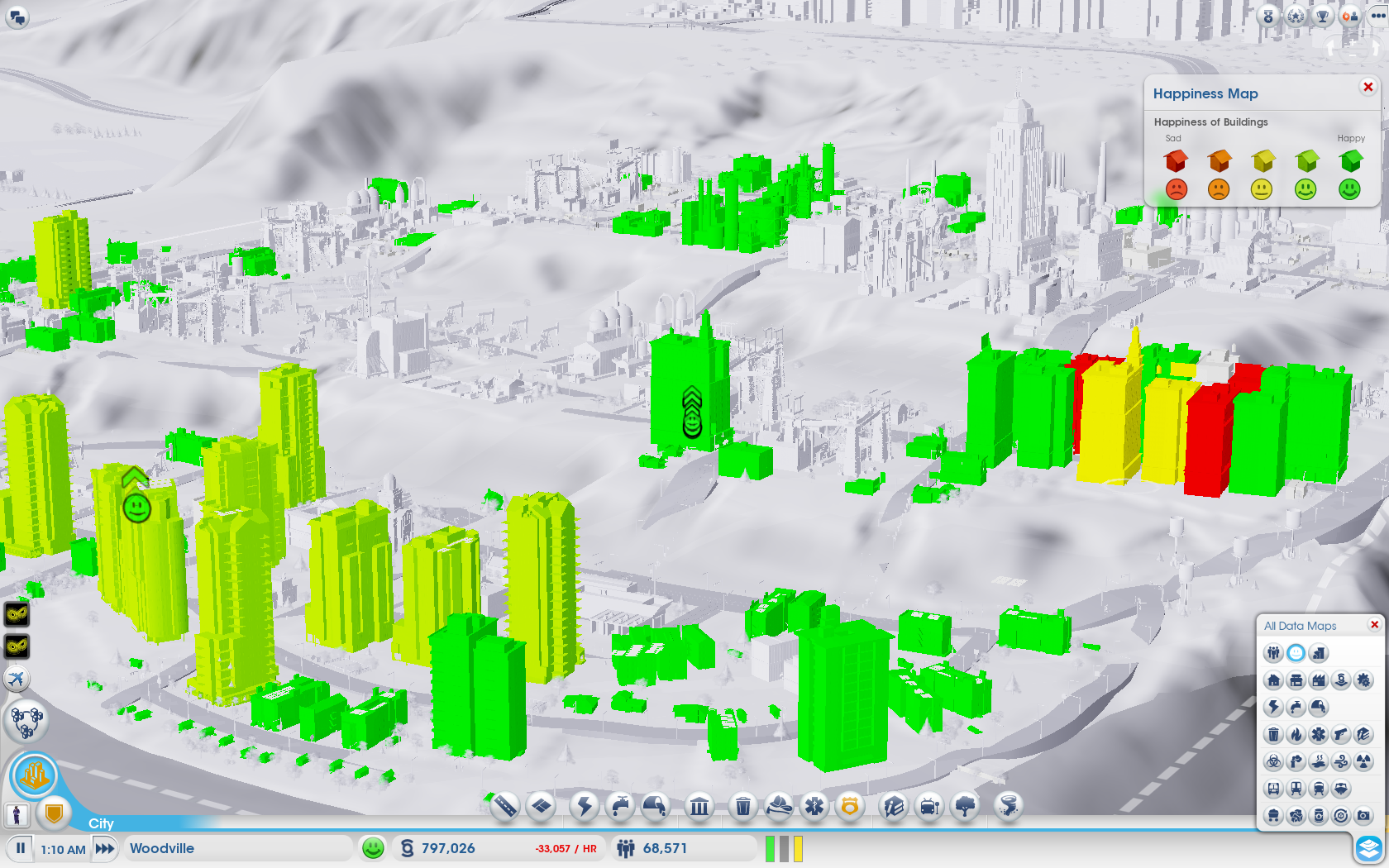 Happiness graph in SimCity, at a low camera angle to see more city