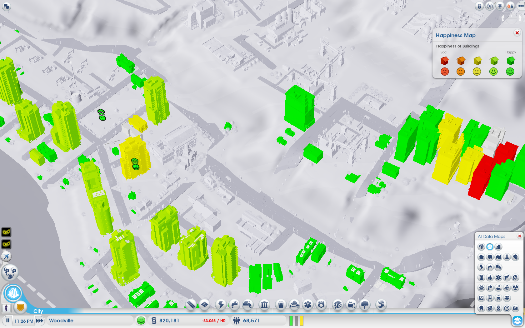 A happiness map in SimCity, zoomed all the way out