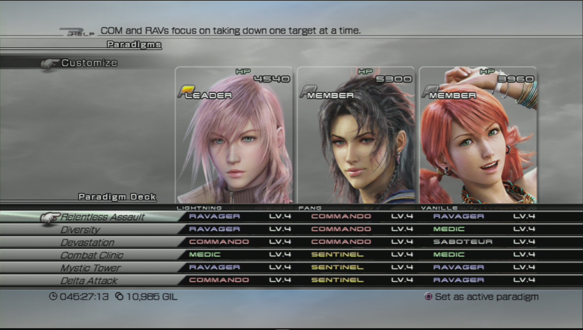 Showing a full Paradigm Deck in Final Fantasy XIII